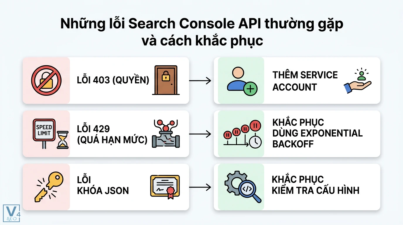 Search Console API là gì? Cách tự động hóa dữ liệu và báo cáo SEO 3 Cách khắc phục lỗi Search Console API 403 qua Service Account, lỗi 429 bằng Exponential Backoff và kiểm tra cấu hình tệp khóa JSON