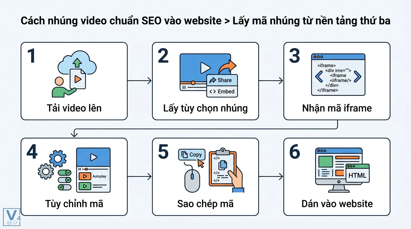 SEO video nhúng là gì? Hướng dẫn tối ưu Iframe và Video Schema 2 Cách nhúng video chuẩn SEO từ nền tảng thứ ba gồm tải lên, lấy mã iframe, tùy chỉnh thông số, sao chép và dán vào mã nguồn HTML website