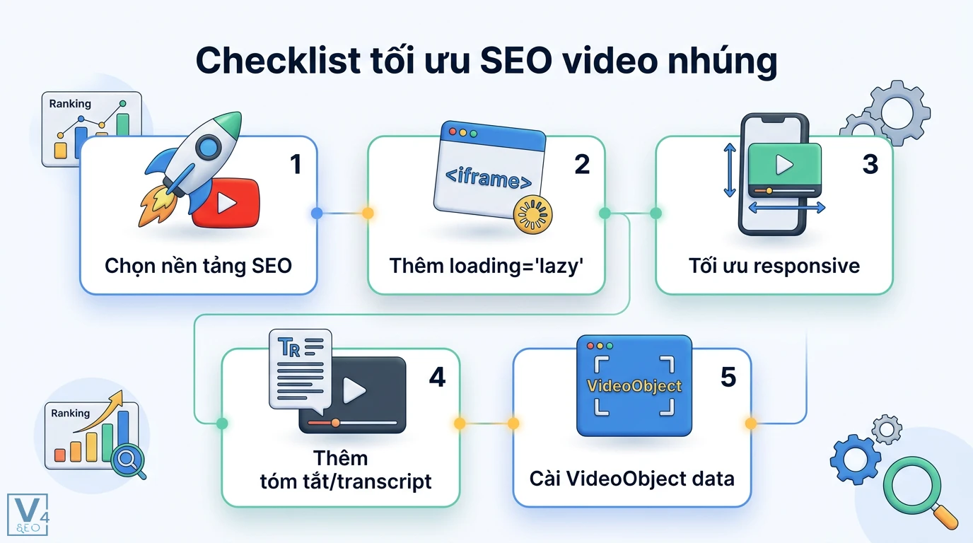 SEO video nhúng là gì? Hướng dẫn tối ưu Iframe và Video Schema 3 Checklist tối ưu SEO video nhúng gồm chọn nền tảng YouTube, thêm loading lazy, tối ưu responsive, transcript và khai báo VideoObject data