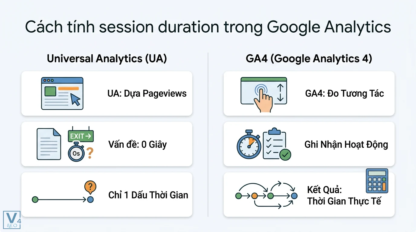 Session duration là gì? Cách tính GA4 và 5 mẹo tối ưu hiệu quả 1 So sánh cách tính session duration giữa Universal Analytics dựa trên pageviews và GA4 đo lường tương tác để ghi nhận thời gian thực tế
