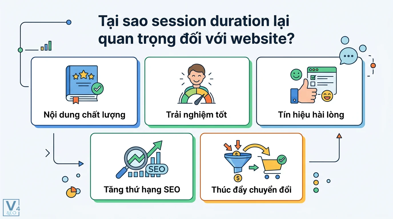 Session duration là gì? Cách tính GA4 và 5 mẹo tối ưu hiệu quả 2 Session duration phản ánh nội dung chất lượng, trải nghiệm tốt, tín hiệu hài lòng giúp tăng thứ hạng SEO và thúc đẩy chuyển đổi website