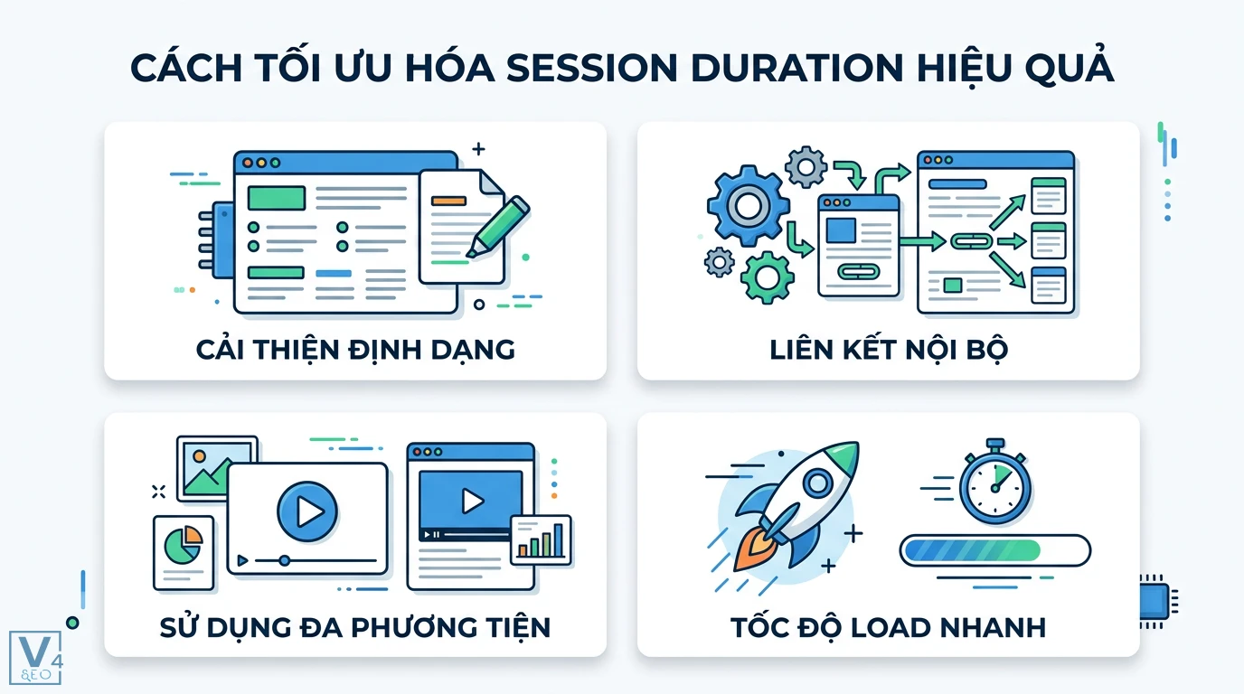 Session duration là gì? Cách tính GA4 và 5 mẹo tối ưu hiệu quả 3 Cách tối ưu hóa session duration qua cải thiện định dạng nội dung, xây dựng liên kết nội bộ, sử dụng đa phương tiện và tốc độ load nhanh