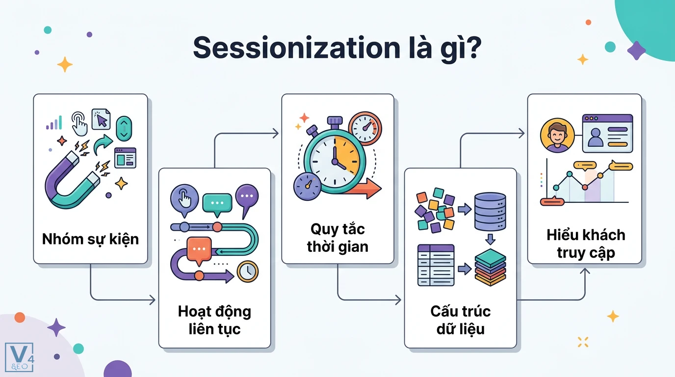 Sessionization là gì? Quy trình xử lý dữ liệu người dùng chi tiết 1 Sessionization nhóm sự kiện và hoạt động liên tục dựa trên quy tắc thời gian nhằm cấu trúc dữ liệu và hiểu khách truy cập