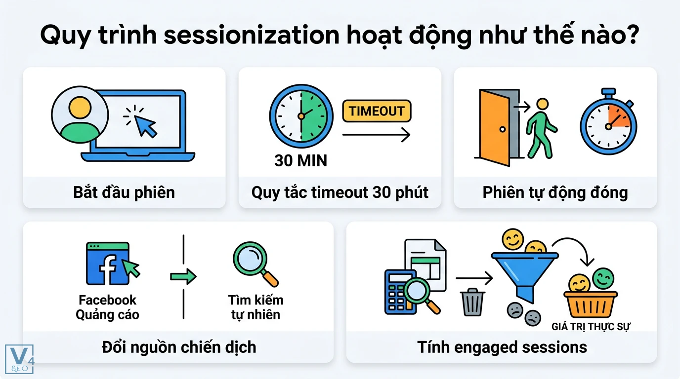 Sessionization là gì? Quy trình xử lý dữ liệu người dùng chi tiết 2 Cơ chế sessionization hoạt động dựa trên quy tắc timeout 30 phút và thay đổi nguồn chiến dịch để lọc engaged sessions mang lại giá trị thực