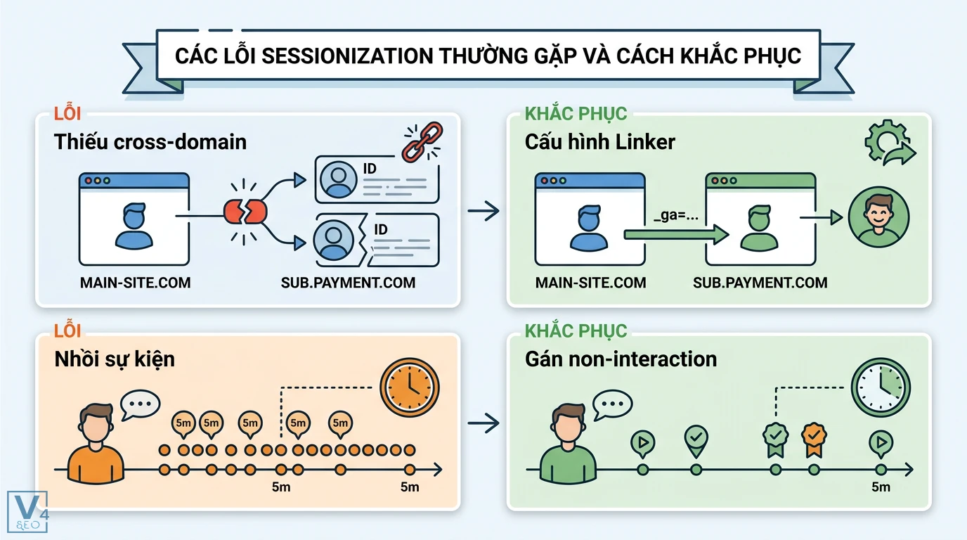 Sessionization là gì? Quy trình xử lý dữ liệu người dùng chi tiết 3 Cách khắc phục lỗi sessionization do thiếu cross-domain bằng cấu hình Linker và xử lý lỗi nhồi sự kiện qua thiết lập non-interaction