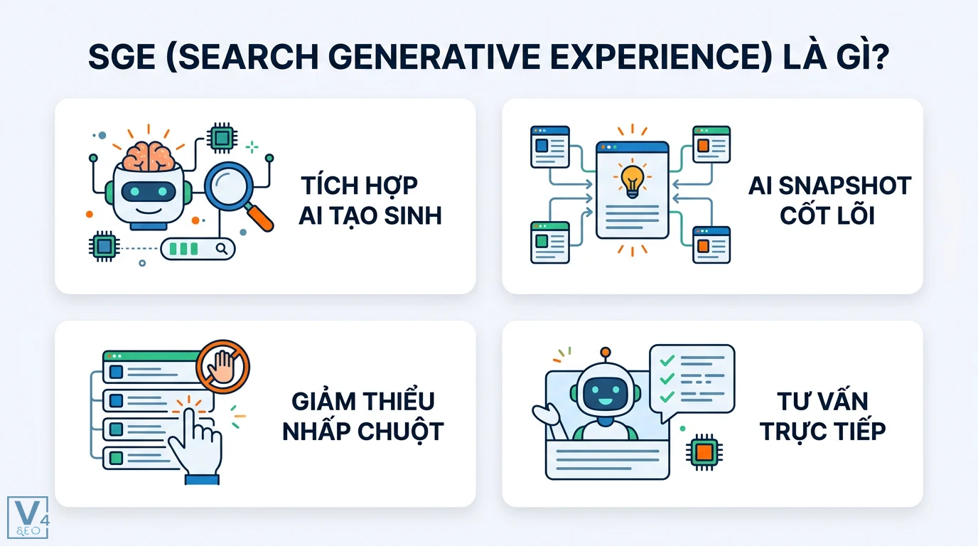 SGE (Search Generative Experience) là gì? Tác động tới Content SEO 1 SGE tích hợp AI tạo sinh và AI Snapshot cốt lõi giúp tổng hợp thông tin, giảm thiểu nhấp chuột và tư vấn trực tiếp cho người dùng tìm kiếm