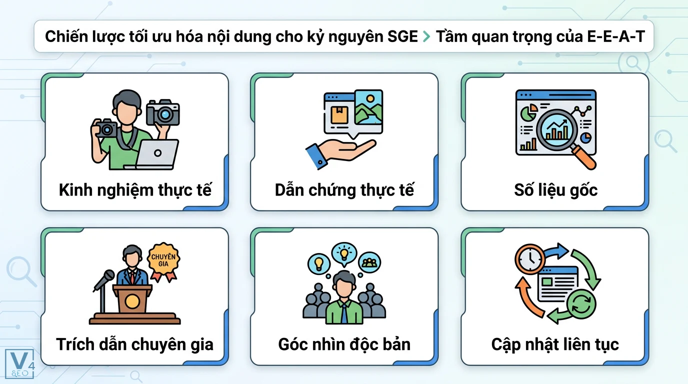 SGE (Search Generative Experience) là gì? Tác động tới Content SEO 2 Tối ưu E-E-A-T cho SGE qua kinh nghiệm thực tế, dẫn chứng thực tế, số liệu gốc, trích dẫn chuyên gia, góc nhìn độc bản và cập nhật liên tục