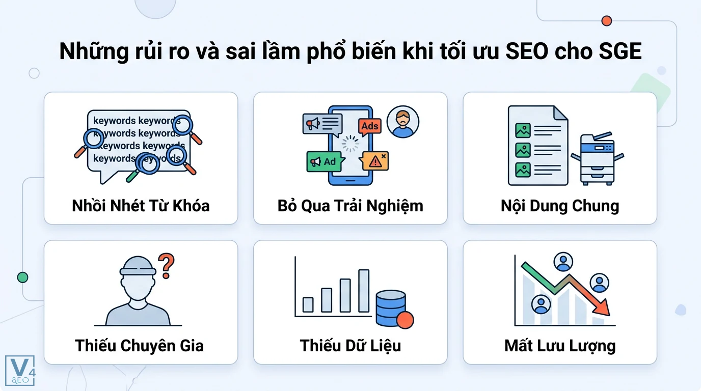 SGE (Search Generative Experience) là gì? Tác động tới Content SEO 3 Sai lầm tối ưu SEO cho SGE gồm nhồi nhét từ khóa, bỏ qua trải nghiệm, nội dung chung và thiếu chuyên gia dẫn đến sụt giảm lưu lượng