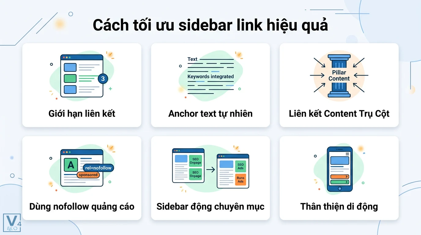 Sidebar link là gì? Hướng dẫn tối ưu liên kết sidebar cho SEO 2 Cách tối ưu sidebar link hiệu quả bằng giới hạn liên kết, anchor text tự nhiên, trỏ về Pillar Content, dùng nofollow và tối ưu sidebar động