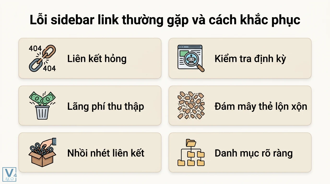 Sidebar link là gì? Hướng dẫn tối ưu liên kết sidebar cho SEO 3 Lỗi sidebar link thường gặp gồm liên kết hỏng, lãng phí thu thập và cách khắc phục bằng việc kiểm tra định kỳ, phân cấp danh mục rõ ràng