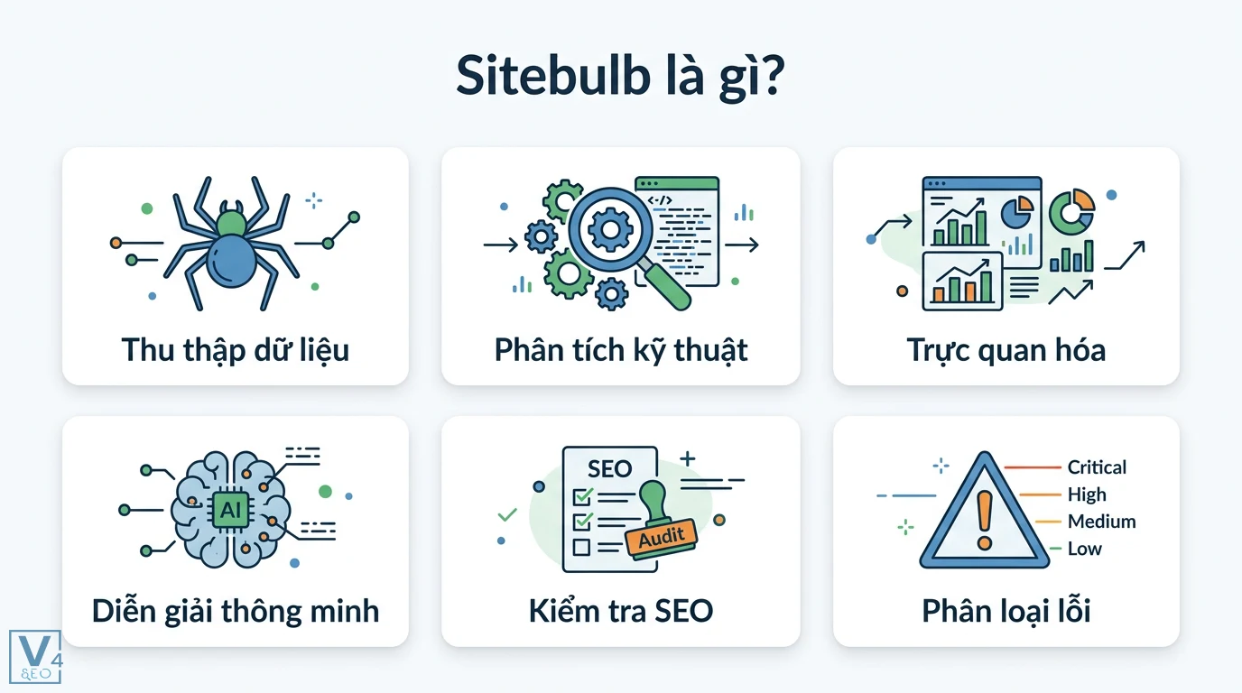 Sitebulb là gì? Đánh giá chi tiết và so sánh với Screaming Frog 1 Sitebulb thực hiện thu thập dữ liệu, phân tích kỹ thuật, trực quan hóa, diễn giải thông minh, kiểm tra SEO và phân loại lỗi kỹ thuật