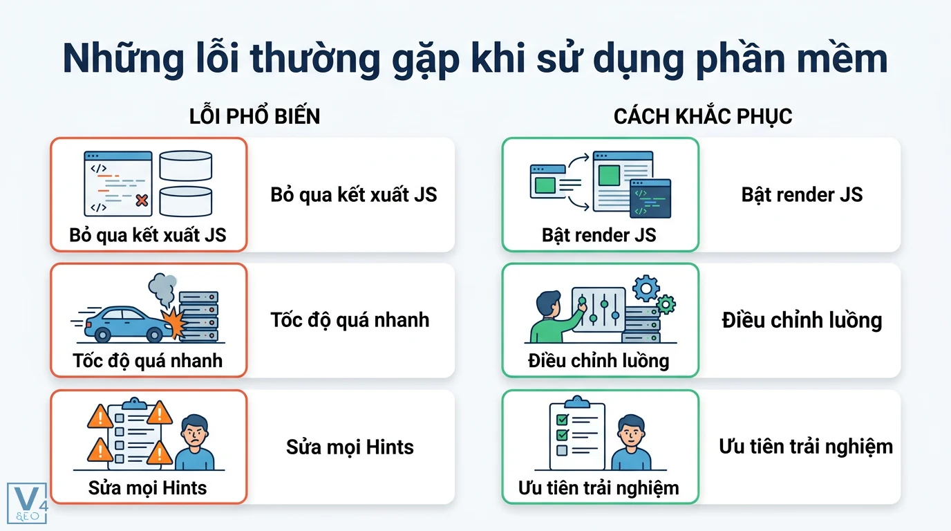 Sitebulb là gì? Đánh giá chi tiết và so sánh với Screaming Frog 3 Lỗi thường gặp khi dùng phần mềm SEO như bỏ qua kết xuất JS, tốc độ quá nhanh và giải pháp bật render, điều chỉnh luồng, ưu tiên trải nghiệm