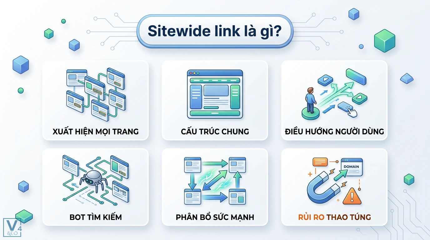 Sitewide link là gì? Cách dùng link toàn trang tránh án phạt SEO 1 Sitewide link xuất hiện trên mọi trang giúp điều hướng người dùng, bot tìm kiếm, phân bổ sức mạnh website và cảnh báo rủi ro thao túng SEO