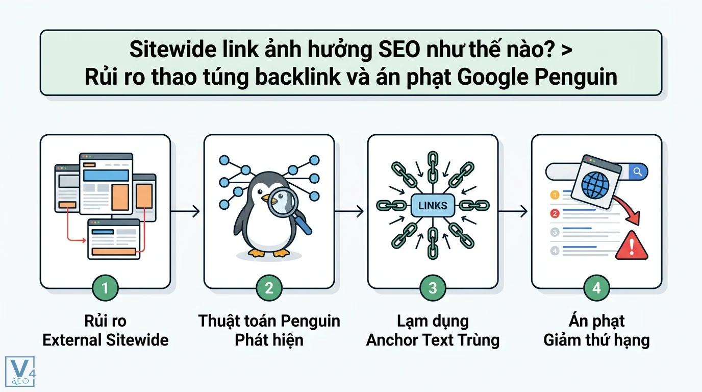 Sitewide link là gì? Cách dùng link toàn trang tránh án phạt SEO 2 Thuật toán Penguin phát hiện rủi ro thao túng external sitewide link và lạm dụng anchor text trùng lặp gây án phạt giảm thứ hạng tìm kiếm