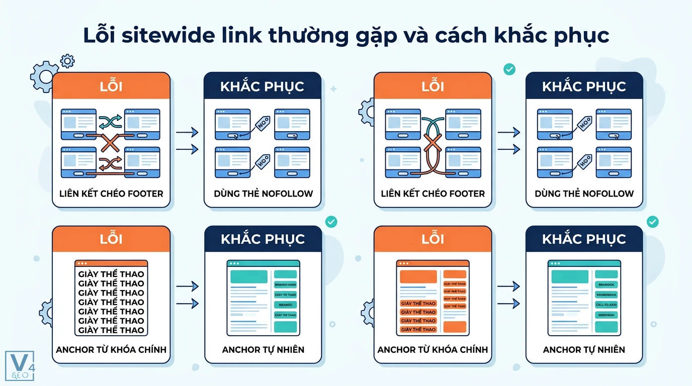 Sitewide link là gì? Cách dùng link toàn trang tránh án phạt SEO 3 Cách khắc phục lỗi sitewide link bằng thẻ nofollow cho liên kết footer và thay thế anchor text từ khóa chính xác bằng anchor tự nhiên