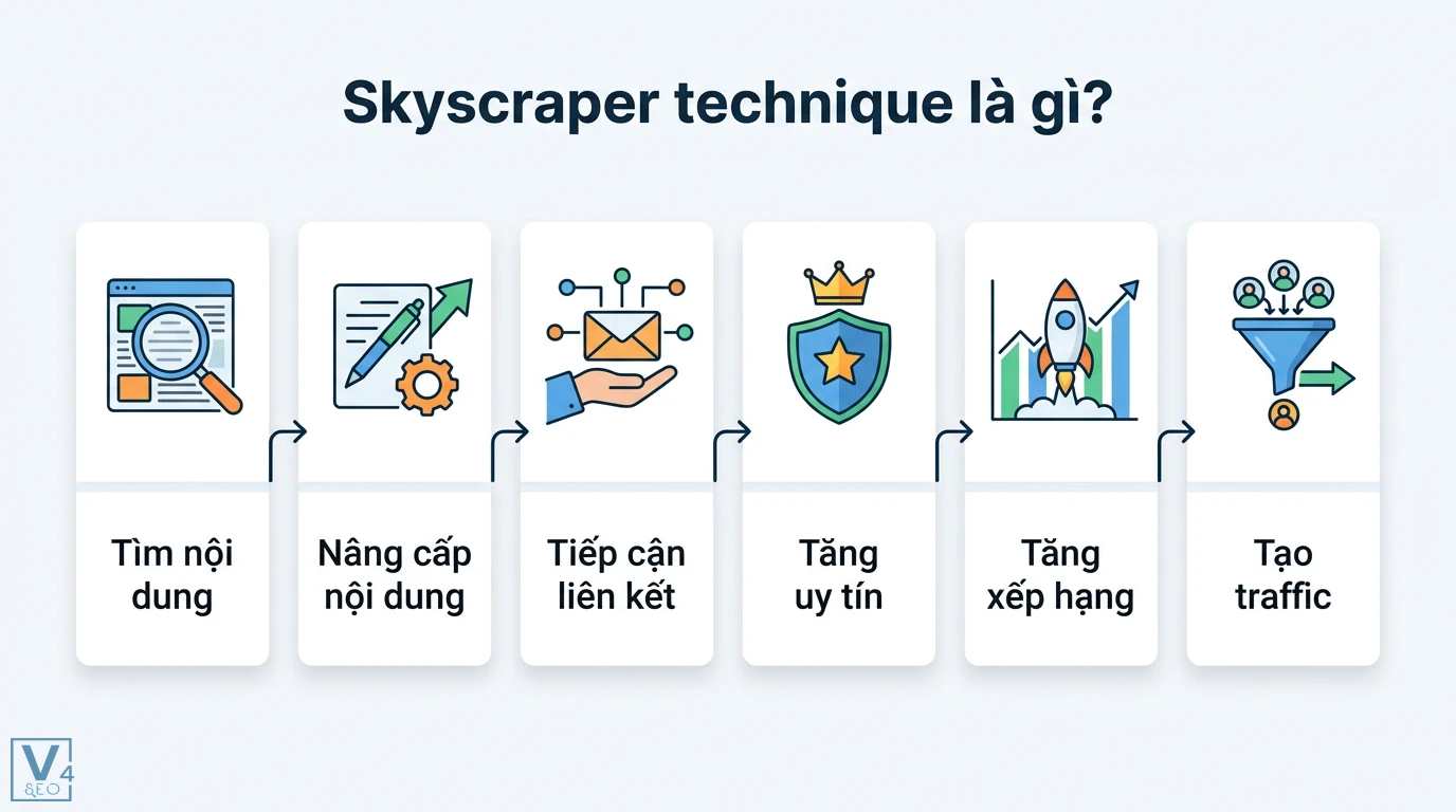 Skyscraper technique là gì? Cách bứt phá backlink thời AI 1 Skyscraper technique với quy trình tìm và nâng cấp nội dung vượt trội, tiếp cận liên kết giúp tăng uy tín, tăng xếp hạng và tạo traffic