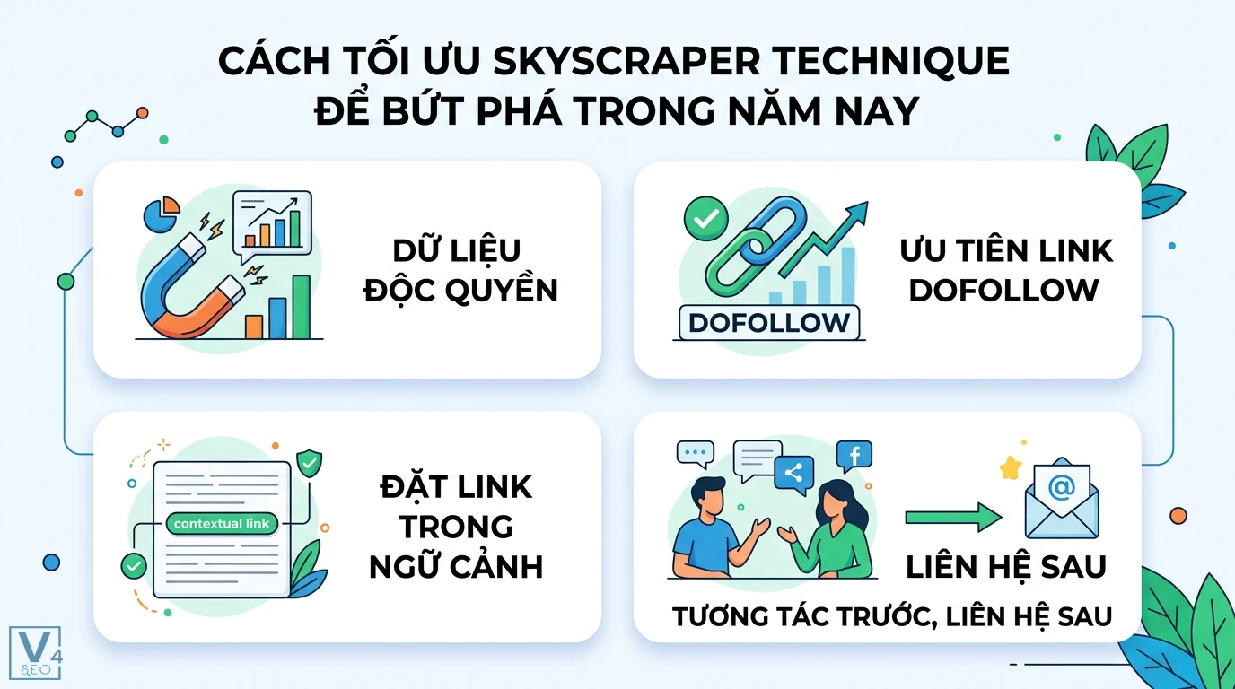 Skyscraper technique là gì? Cách bứt phá backlink thời AI 2 Tối ưu skyscraper technique bằng dữ liệu độc quyền, ưu tiên link dofollow, đặt contextual link và tương tác xã hội trước khi liên hệ email