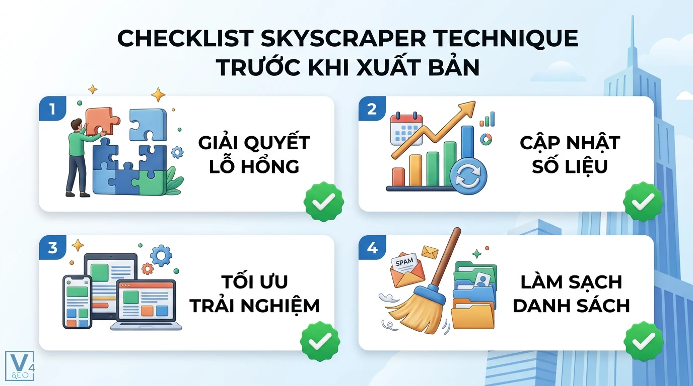 Skyscraper technique là gì? Cách bứt phá backlink thời AI 3 Checklist skyscraper technique trước khi xuất bản gồm giải quyết lỗ hổng, cập nhật số liệu, tối ưu trải nghiệm và làm sạch danh sách email