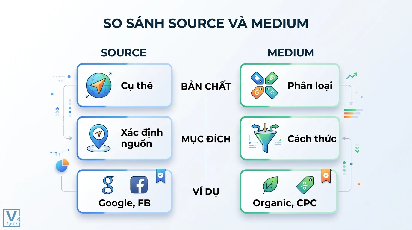 Source/medium là gì? Cách đặt tên UTM chuẩn cho báo cáo GA4 1 So sánh Source và Medium qua bản chất, mục đích và ví dụ cụ thể như Google, Facebook, Organic, CPC trong đo lường UTM marketing
