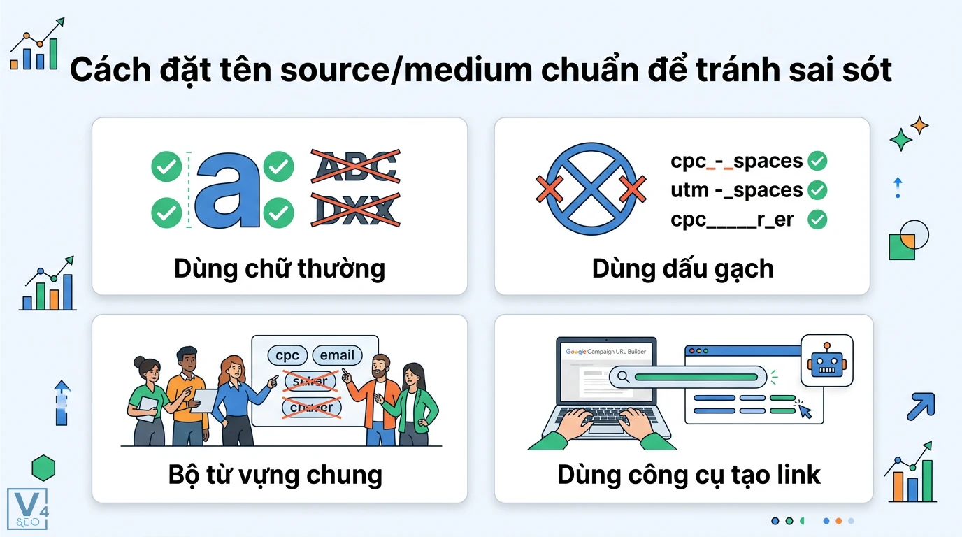 Source/medium là gì? Cách đặt tên UTM chuẩn cho báo cáo GA4 2 Cách đặt tên source/medium chuẩn bằng việc dùng chữ thường, dấu gạch nối, thống nhất bộ từ vựng và sử dụng Google Campaign URL Builder
