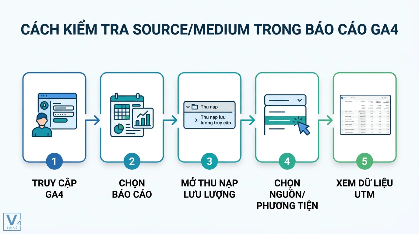 Source/medium là gì? Cách đặt tên UTM chuẩn cho báo cáo GA4 3 Các bước kiểm tra source/medium trong GA4 qua báo cáo thu nạp lưu lượng và thay đổi thứ nguyên nguồn/phương tiện để xem dữ liệu UTM