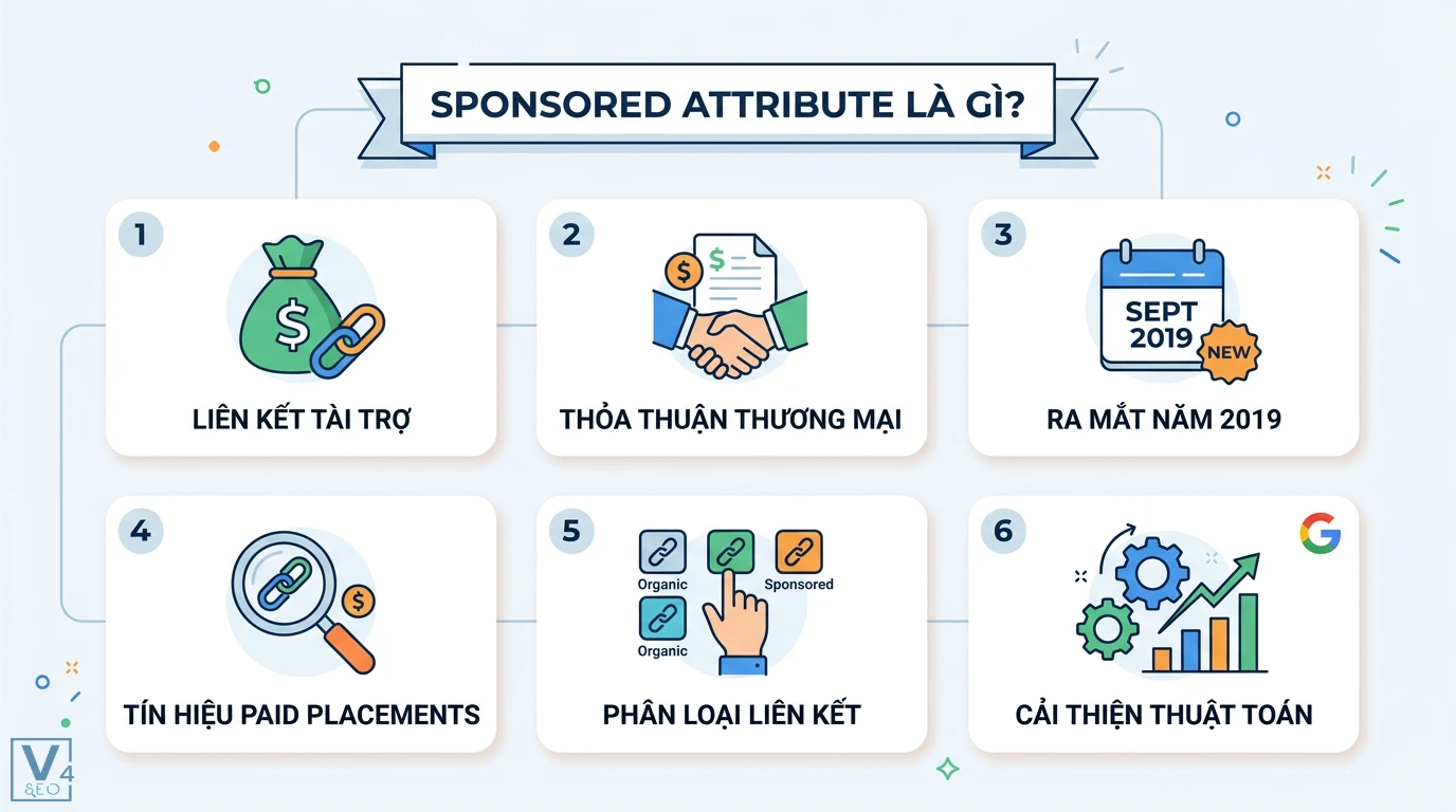 Sponsored attribute là gì? Cách dùng rel="sponsored" tránh bị phạt 1 Sponsored attribute rel sponsored giúp Google phân loại liên kết tài trợ và thỏa thuận thương mại nhằm tối ưu thuật toán từ năm 2019