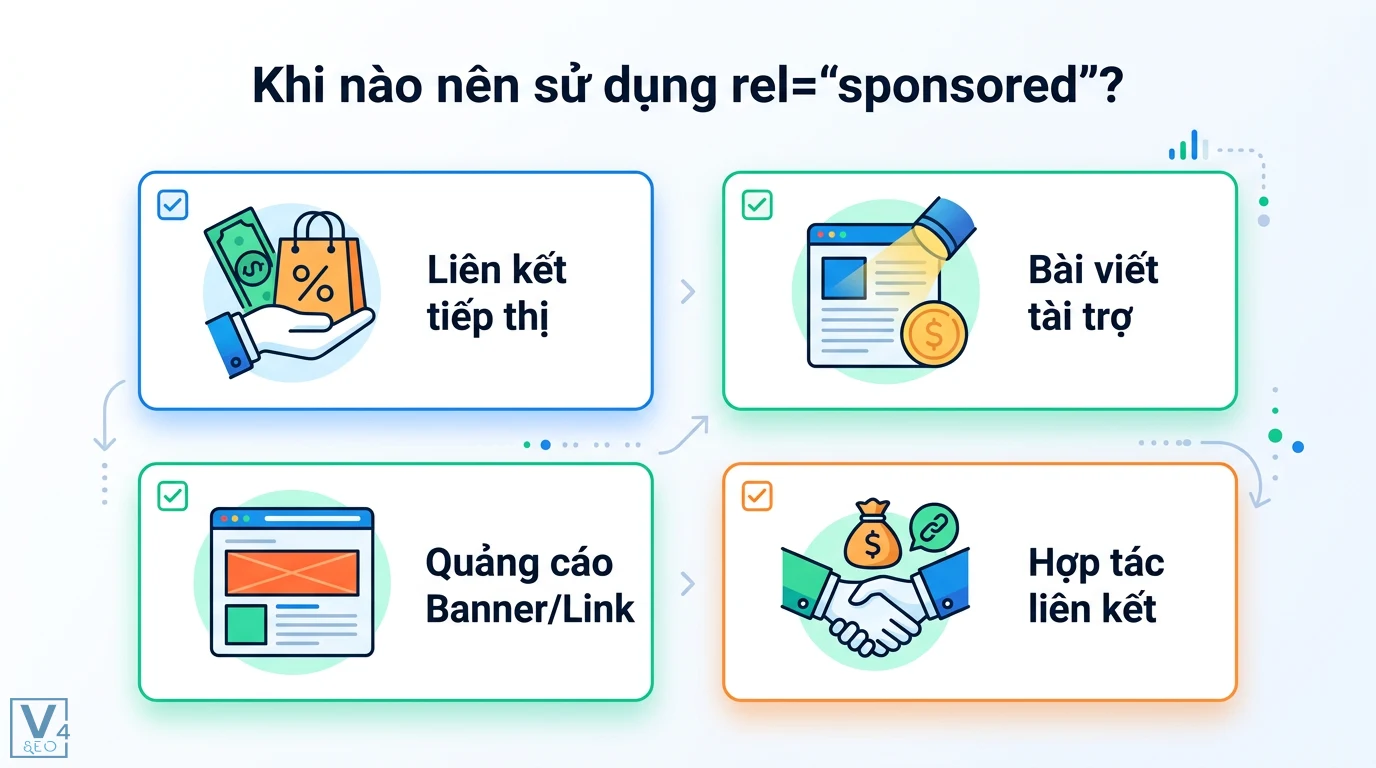 Sponsored attribute là gì? Cách dùng rel="sponsored" tránh bị phạt 2 Các trường hợp sử dụng thuộc tính rel sponsored cho liên kết tiếp thị bài viết tài trợ quảng cáo banner link và hợp tác liên kết thương mại