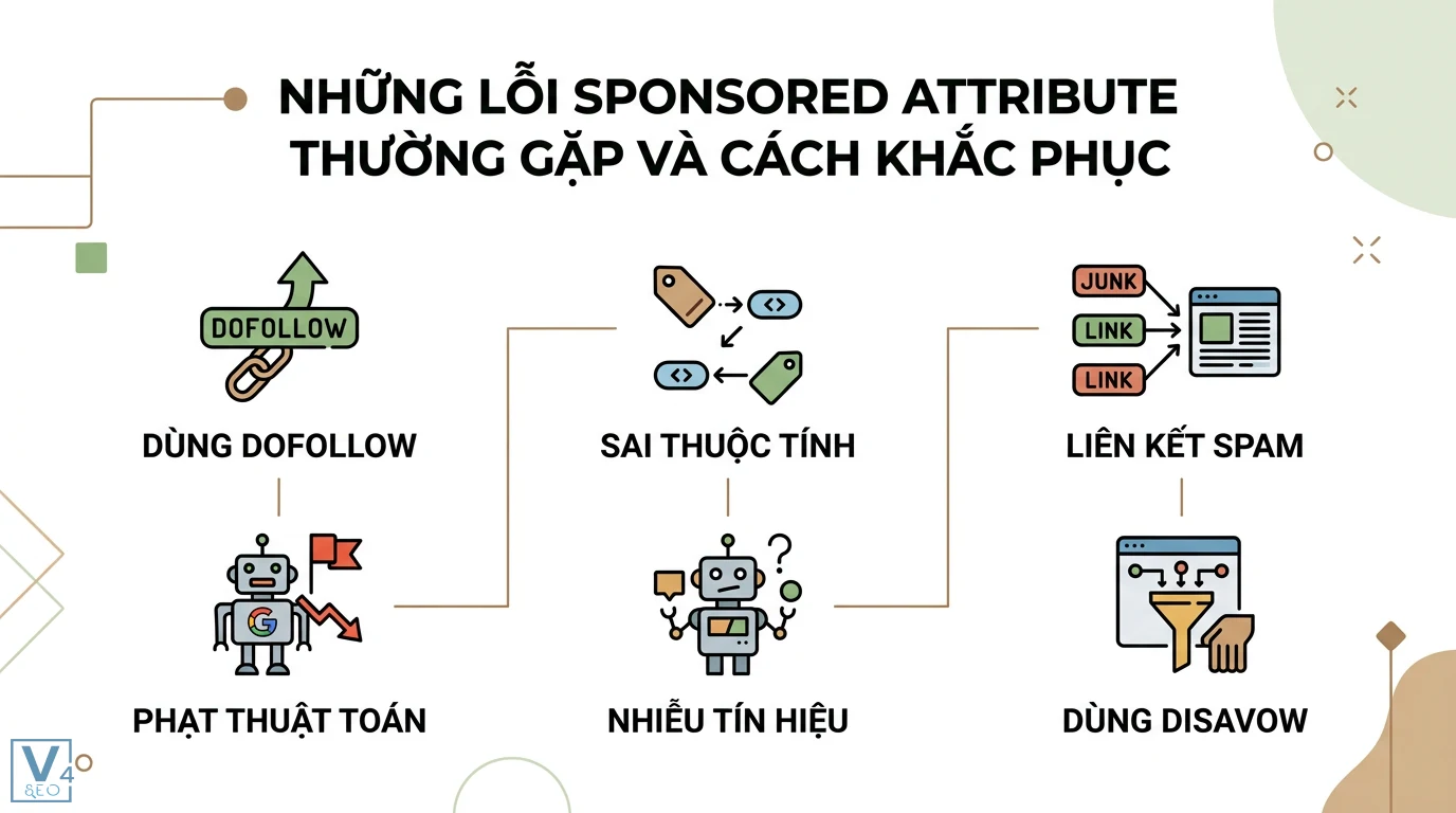 Sponsored attribute là gì? Cách dùng rel="sponsored" tránh bị phạt 3 Lỗi sponsored attribute do dùng dofollow gây phạt thuật toán, sai thuộc tính làm nhiễu tín hiệu và cách dùng disavow xử lý liên kết spam