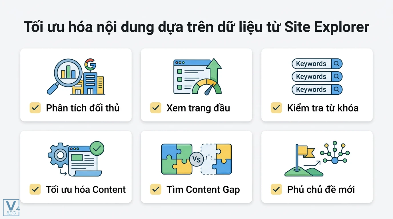 Sử dụng Ahrefs để phân tích từ khóa và tối ưu Content SEO bài bản 2 Tối ưu hóa nội dung từ Site Explorer gồm phân tích đối thủ, kiểm tra từ khóa, tìm Content Gap và tối ưu Content để mở rộng độ phủ chủ đề mới