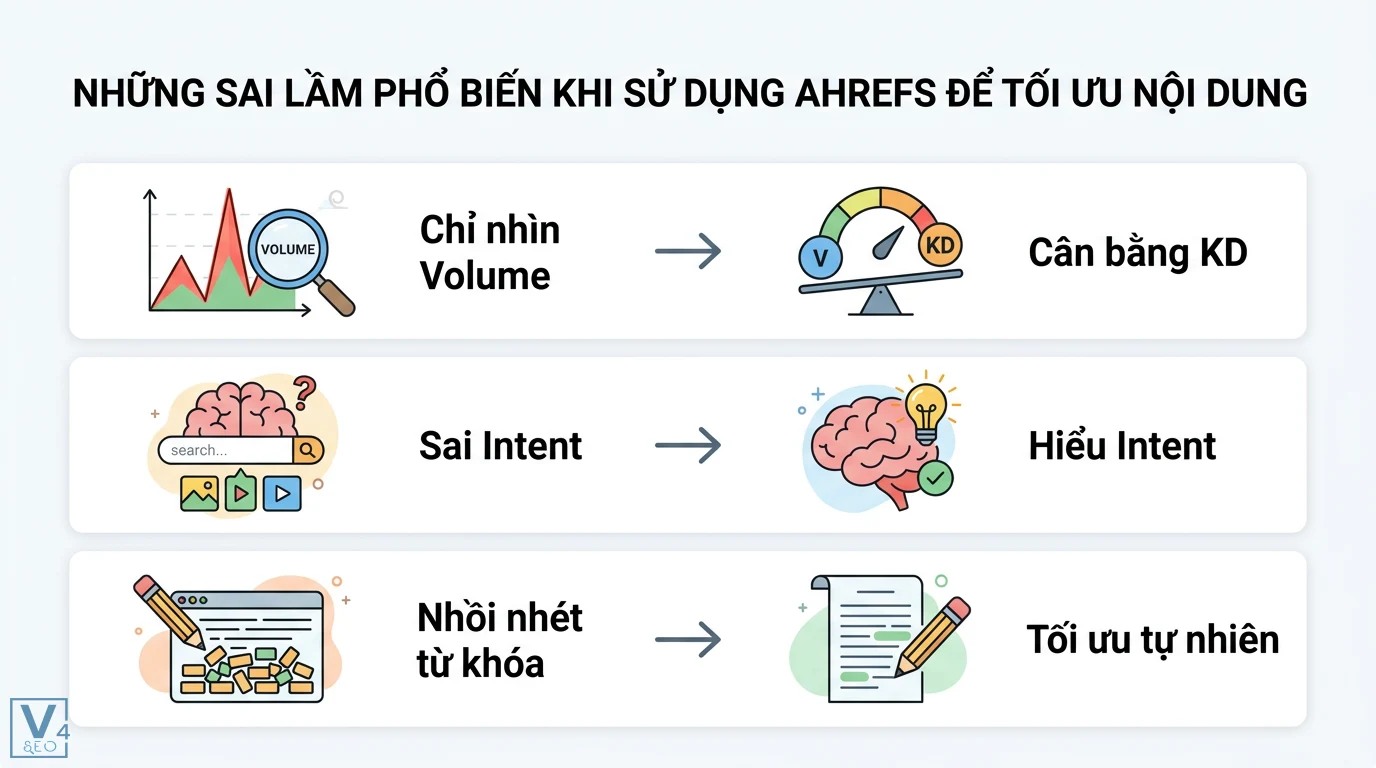 Sử dụng Ahrefs để phân tích từ khóa và tối ưu Content SEO bài bản 3 Sai lầm khi dùng Ahrefs tối ưu nội dung như chỉ nhìn Volume, sai Intent và nhồi nhét từ khóa thay vì cân bằng KD cùng lối viết tự nhiên