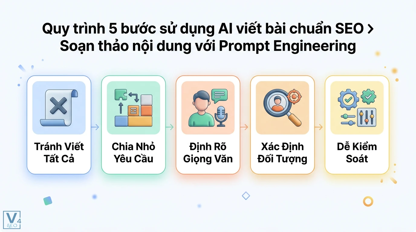 Sử dụng các công cụ AI để hỗ trợ viết Content SEO 2026: Bộ Prompt 2 Prompt Engineering soạn thảo nội dung AI chia nhỏ yêu cầu, định rõ giọng văn và đối tượng giúp kiểm soát chất lượng bài viết chuẩn SEO
