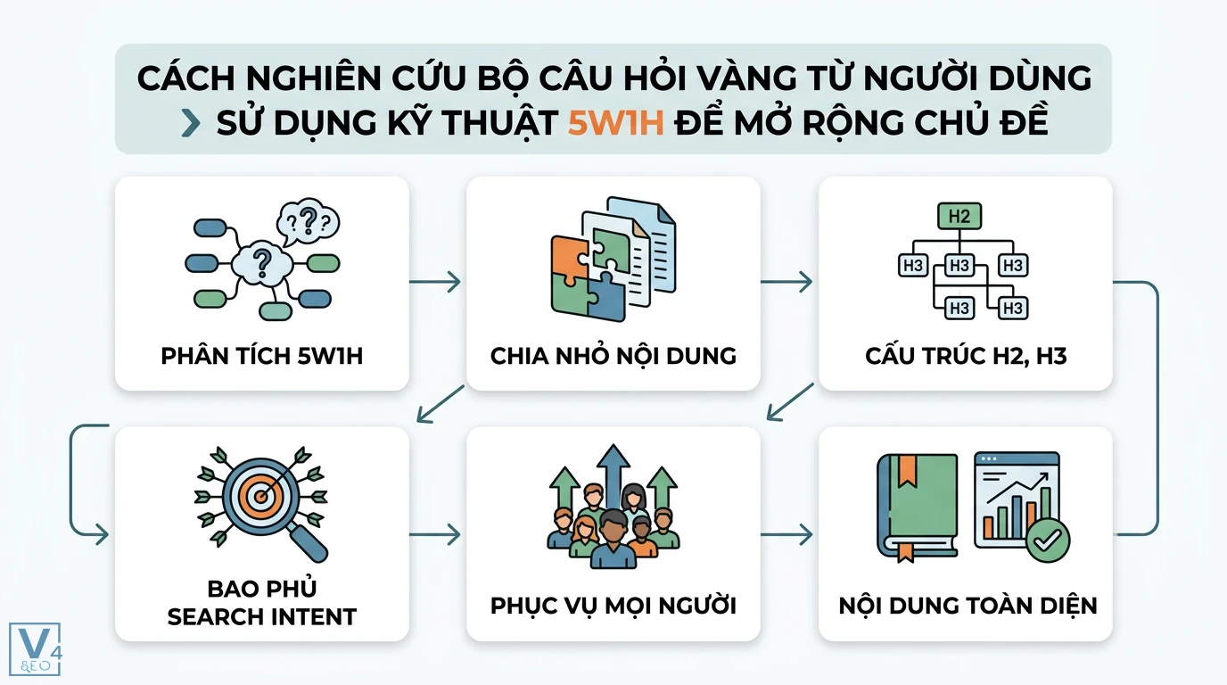 Sử dụng cấu trúc câu hỏi trong nội dung để tối ưu tìm kiếm Google 2 Kỹ thuật 5W1H phân tích và chia nhỏ nội dung thành cấu trúc H2 H3 giúp bao phủ Search Intent và phục vụ người dùng bằng bài viết toàn diện
