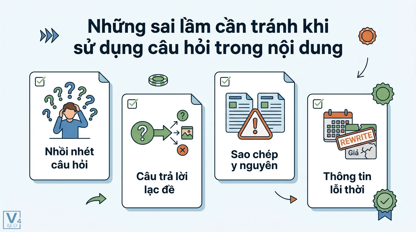 Sử dụng cấu trúc câu hỏi trong nội dung để tối ưu tìm kiếm Google 3 Sai lầm cần tránh khi dùng câu hỏi trong nội dung gồm nhồi nhét câu hỏi, câu trả lời lạc đề, sao chép y nguyên và thông tin lỗi thời
