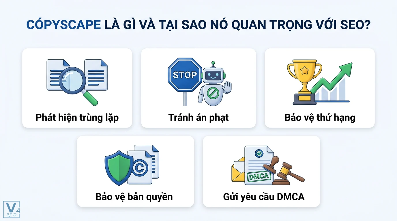 Sử dụng công cụ Copyscape để kiểm tra trùng lặp nội dung cho SEO 1 Copyscape giúp phát hiện nội dung trùng lặp, tránh án phạt Google, bảo vệ thứ hạng SEO, bản quyền website và quy trình gửi yêu cầu DMCA
