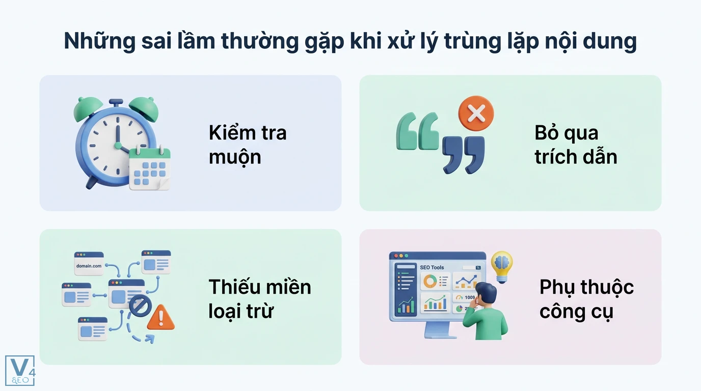 Sử dụng công cụ Copyscape để kiểm tra trùng lặp nội dung cho SEO 3 Sai lầm khi xử lý trùng lặp nội dung gồm kiểm tra muộn, bỏ qua trích dẫn, thiếu miền loại trừ và phụ thuộc quá mức vào công cụ hỗ trợ SEO