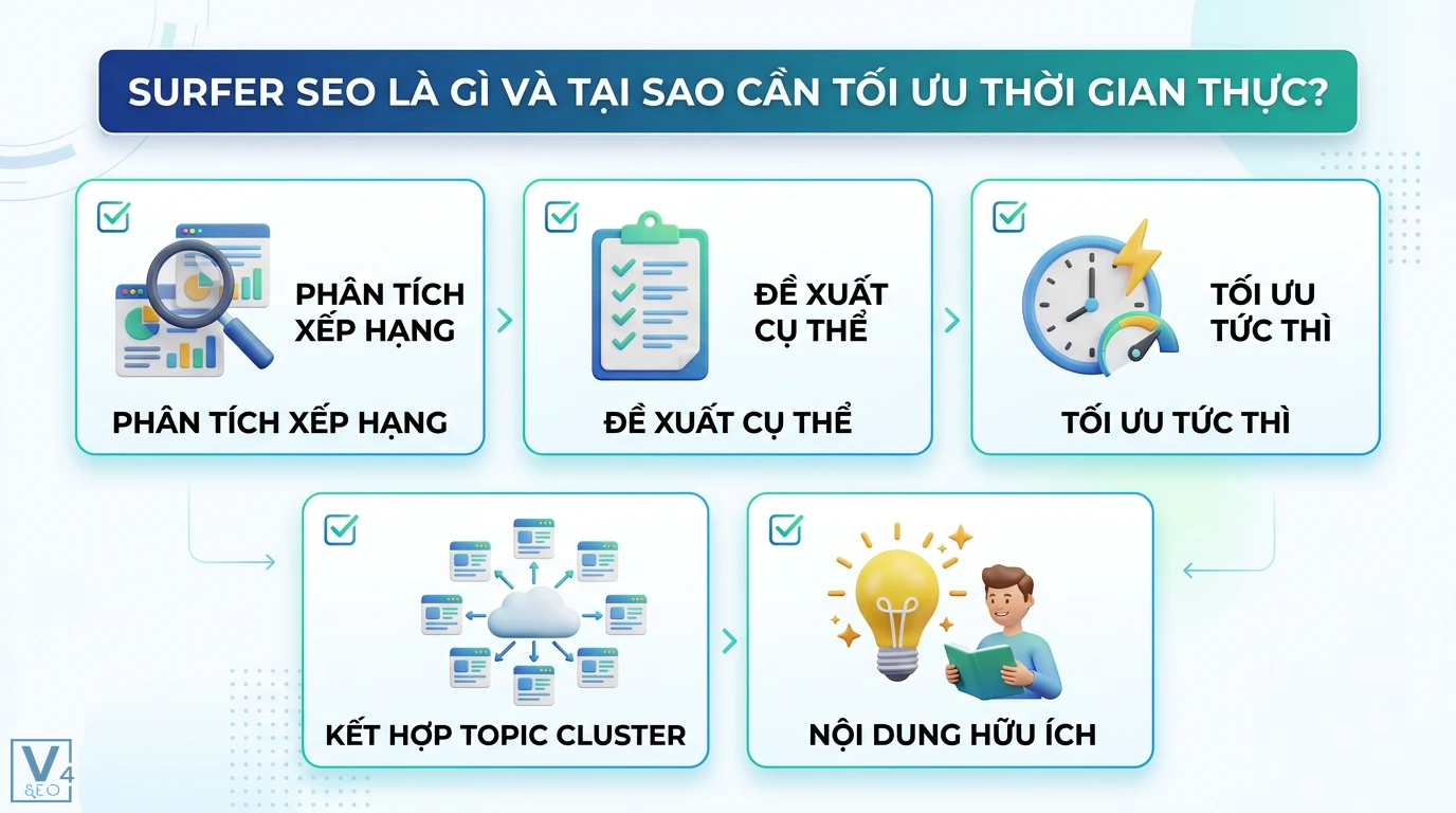 Sử dụng công cụ SurferSEO để tối ưu Content SEO theo thời gian thực 1 Surfer SEO thực hiện phân tích xếp hạng, đề xuất cụ thể và tối ưu hóa thời gian thực kết hợp Topic Cluster để tạo nội dung hữu ích