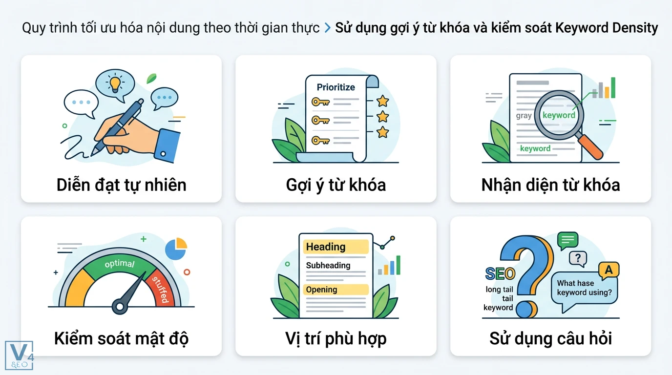 Sử dụng công cụ SurferSEO để tối ưu Content SEO theo thời gian thực 2 Quy trình tối ưu hóa nội dung gồm gợi ý từ khóa, kiểm soát mật độ Keyword Density, lồng ghép từ khóa vào vị trí phù hợp và câu hỏi tự nhiên
