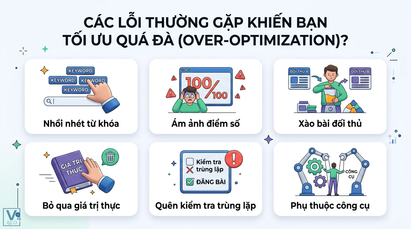 Sử dụng công cụ SurferSEO để tối ưu Content SEO theo thời gian thực 3 Các lỗi tối ưu quá đà SEO gồm nhồi nhét từ khóa, ám ảnh điểm số 100/100, xào bài đối thủ, bỏ qua giá trị thực và quên kiểm tra trùng lặp
