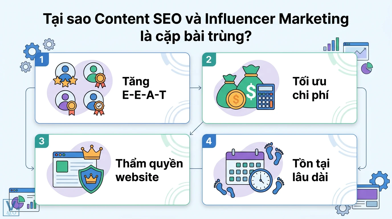 Sử dụng Content SEO trong chiến lược Influencer Marketing từ A-Z 1 Content SEO và Influencer Marketing giúp tăng E-E-A-T, tối ưu chi phí, nâng cao thẩm quyền website và mang lại giá trị bền vững lâu dài