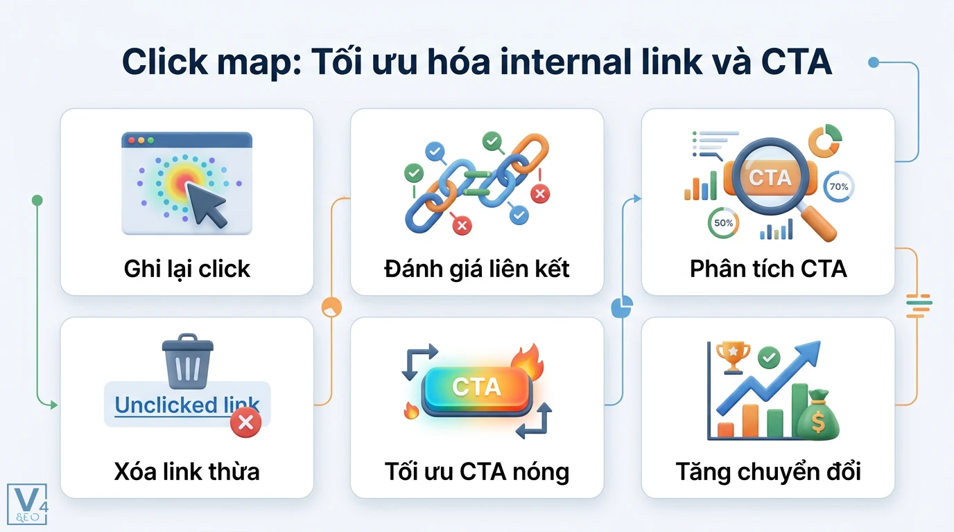 Sử dụng Heatmaps để tối ưu hóa Content SEO: Case study thực tế 2 Click map tối ưu hóa internal link và CTA qua việc phân tích lượt nhấp, loại bỏ liên kết thừa và cải thiện vùng tương tác để tăng chuyển đổi
