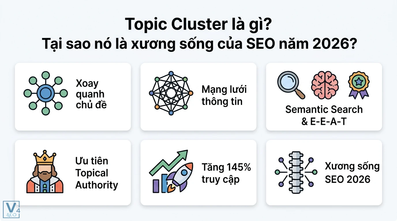 Topic Cluster 2026: Xây Dựng Nội Dung SEO Hiệu Quả Cùng AI 1 Topic Cluster là xương sống SEO 2026 giúp tối ưu Semantic Search, E-E-A-T và Topical Authority nhằm tăng 145% lượng truy cập tự nhiên
