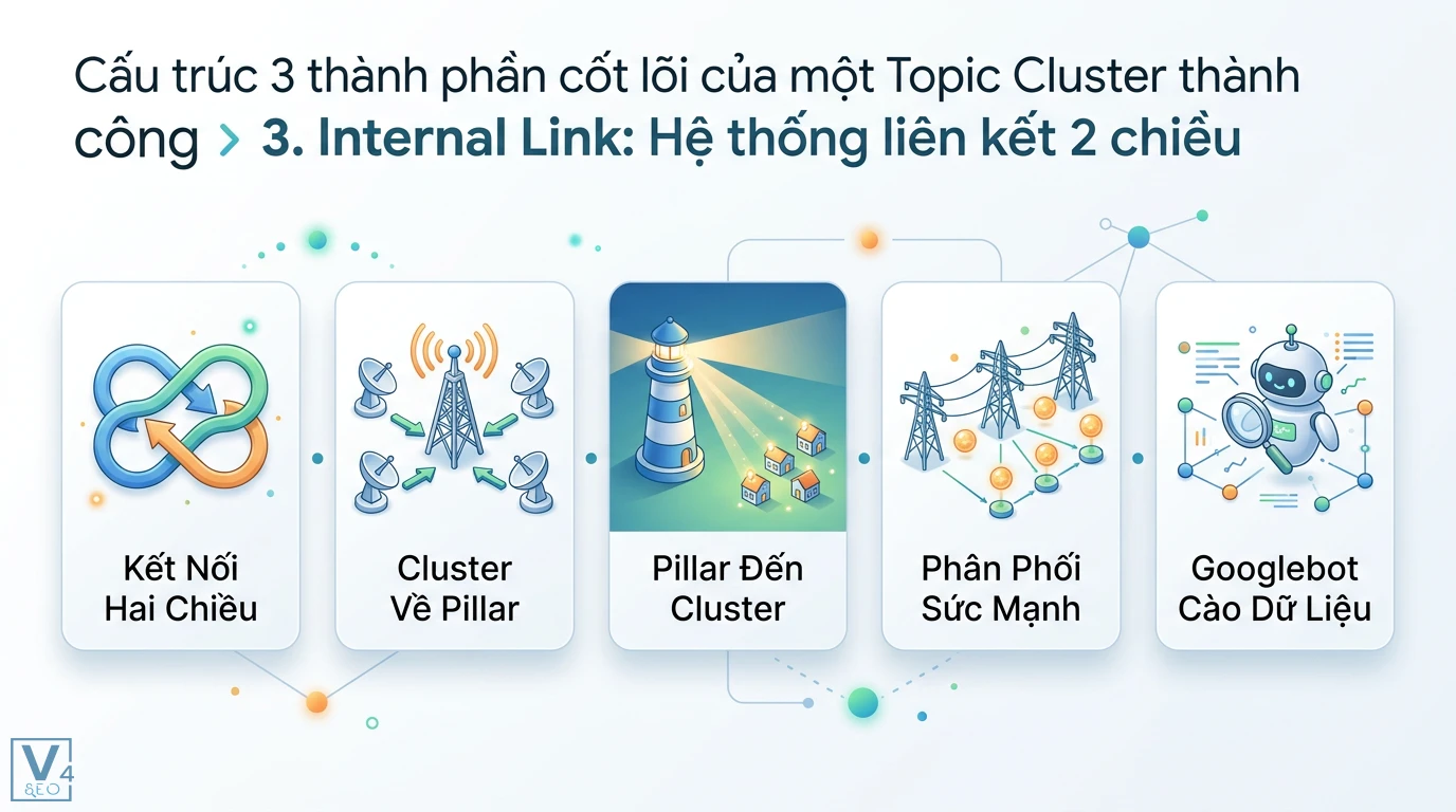 Topic Cluster 2026: Xây Dựng Nội Dung SEO Hiệu Quả Cùng AI 2 Hệ thống Internal Link hai chiều giữa Cluster và Pillar giúp phân bổ sức mạnh SEO và hỗ trợ Googlebot cào dữ liệu Topic Cluster hiệu quả