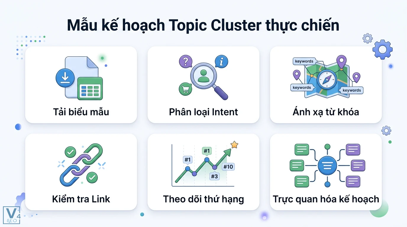 Topic Cluster 2026: Xây Dựng Nội Dung SEO Hiệu Quả Cùng AI 3 Mẫu kế hoạch Topic Cluster thực chiến gồm phân loại Search Intent, ánh xạ từ khóa, kiểm tra Internal Link và theo dõi thứ hạng SEO