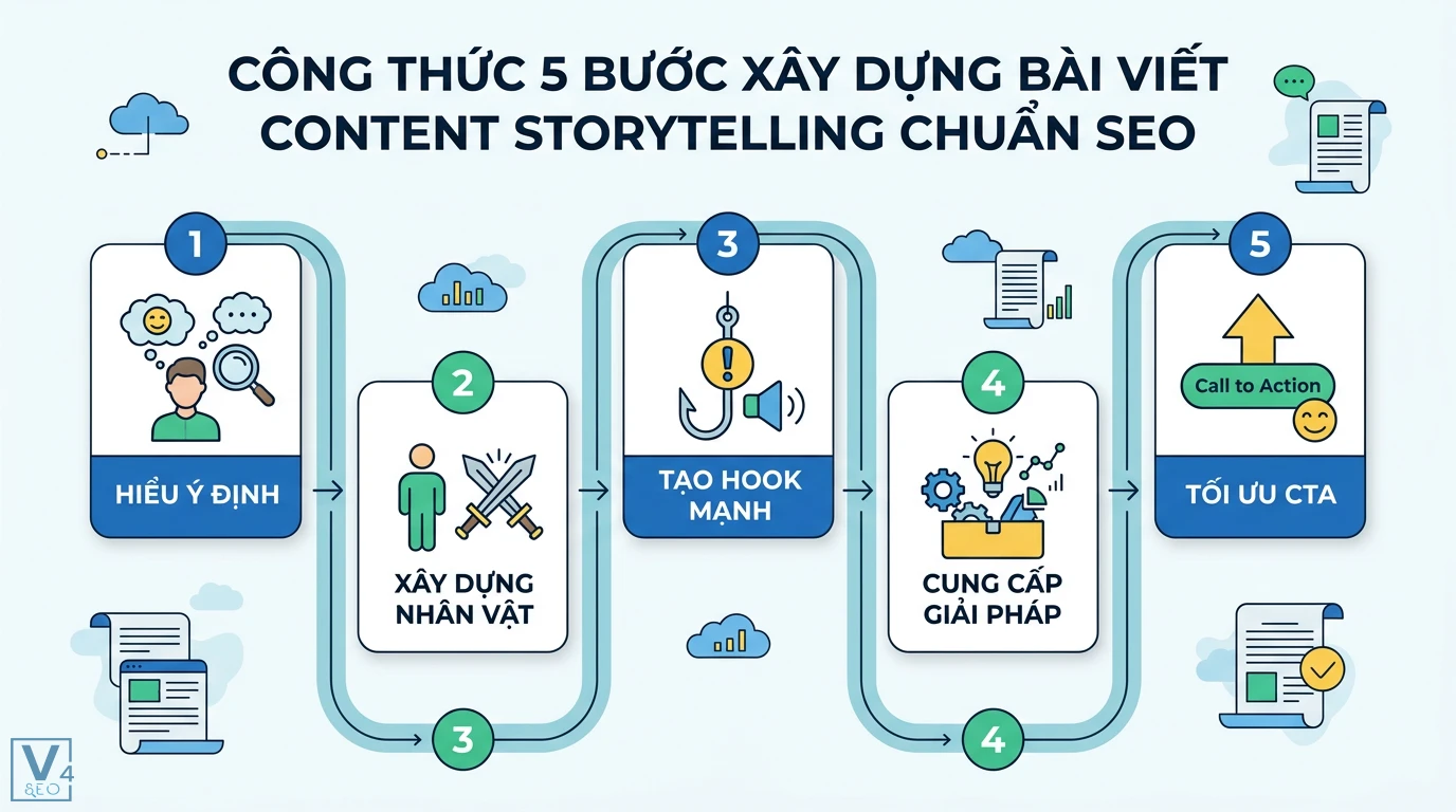 Sử dụng storytelling trong Content SEO để thu hút độc giả thực tế 1 Công thức 5 bước xây dựng content storytelling chuẩn SEO gồm hiểu ý định, xây dựng nhân vật, tạo hook mạnh, cung cấp giải pháp và tối ưu CTA