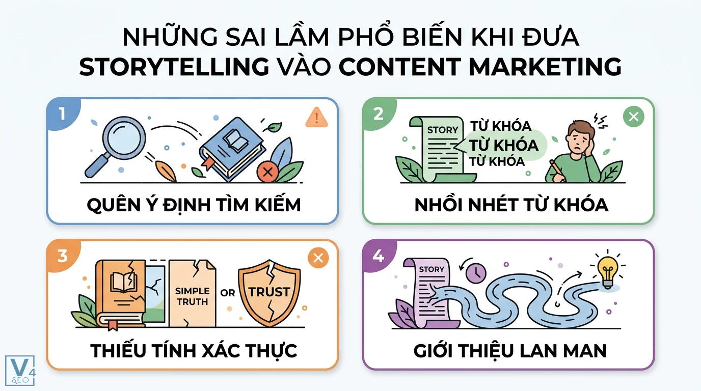 Sử dụng storytelling trong Content SEO để thu hút độc giả thực tế 3 Sai lầm khi đưa storytelling vào content marketing gồm quên ý định tìm kiếm, nhồi nhét từ khóa, thiếu tính xác thực và giới thiệu lan man