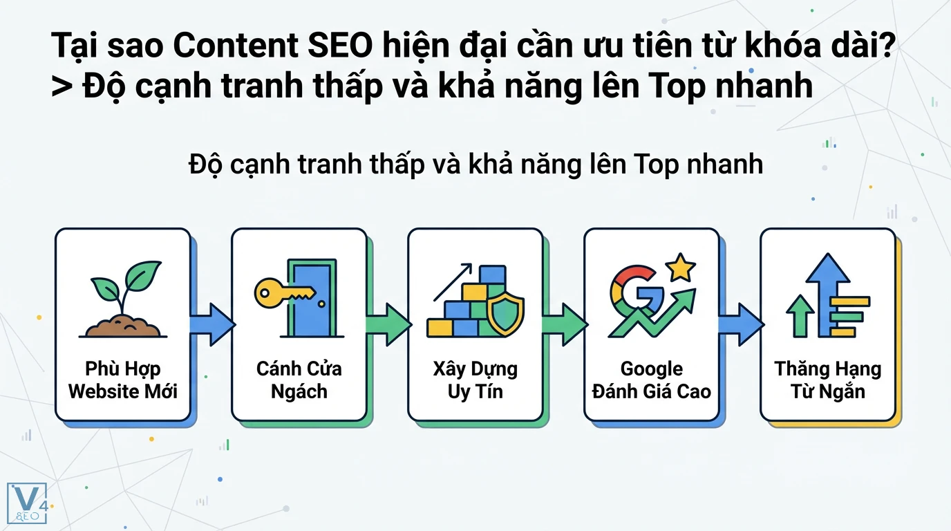 Sự khác biệt từ khóa ngắn & dài trong Content SEO: Ý định & AI 2 Từ khóa dài giúp website mới mở cánh cửa ngách, xây dựng uy tín, được Google đánh giá cao để thăng hạng từ ngắn