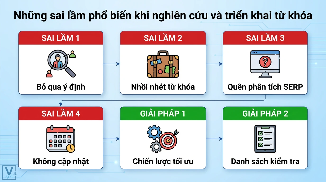 Sự khác biệt từ khóa ngắn & dài trong Content SEO: Ý định & AI 3 Sai lầm thường gặp khi nghiên cứu từ khóa: bỏ qua ý định, nhồi nhét, quên SERP, không cập nhật; cùng các giải pháp tối ưu nội dung và danh sách kiểm tra