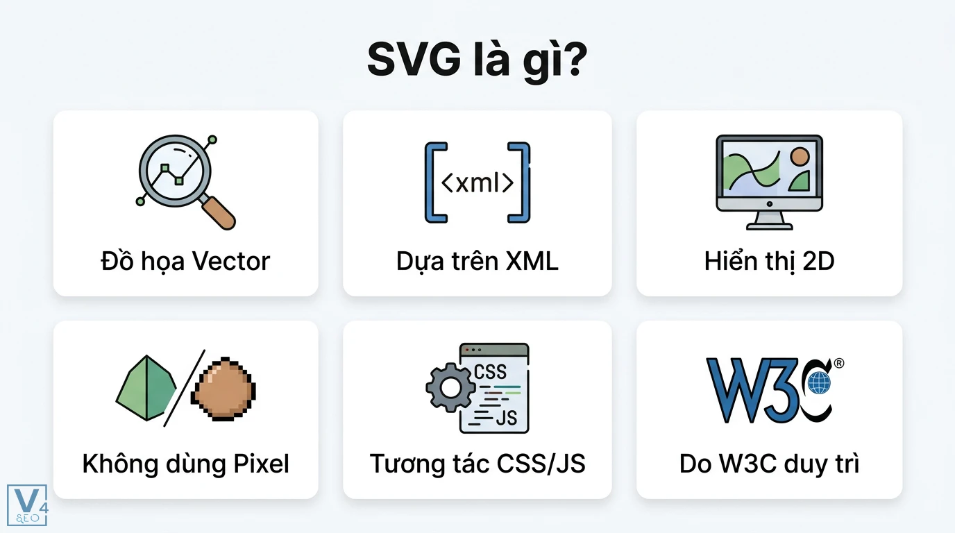 SVG là gì? Hướng dẫn sử dụng và tối ưu ảnh Vector chuẩn W3C 1 SVG định dạng đồ họa dựa trên XML hiển thị 2D không dùng pixel hỗ trợ tương tác CSS JS và do tổ chức W3C duy trì