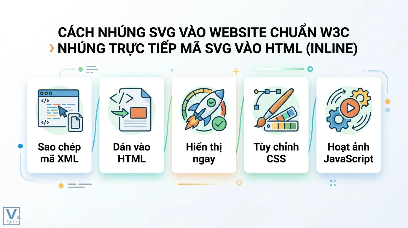 SVG là gì? Hướng dẫn sử dụng và tối ưu ảnh Vector chuẩn W3C 2 Nhúng trực tiếp mã SVG vào HTML bằng cách sao chép mã XML giúp hiển thị ngay, dễ dàng tùy chỉnh CSS và lập trình hoạt ảnh JavaScript