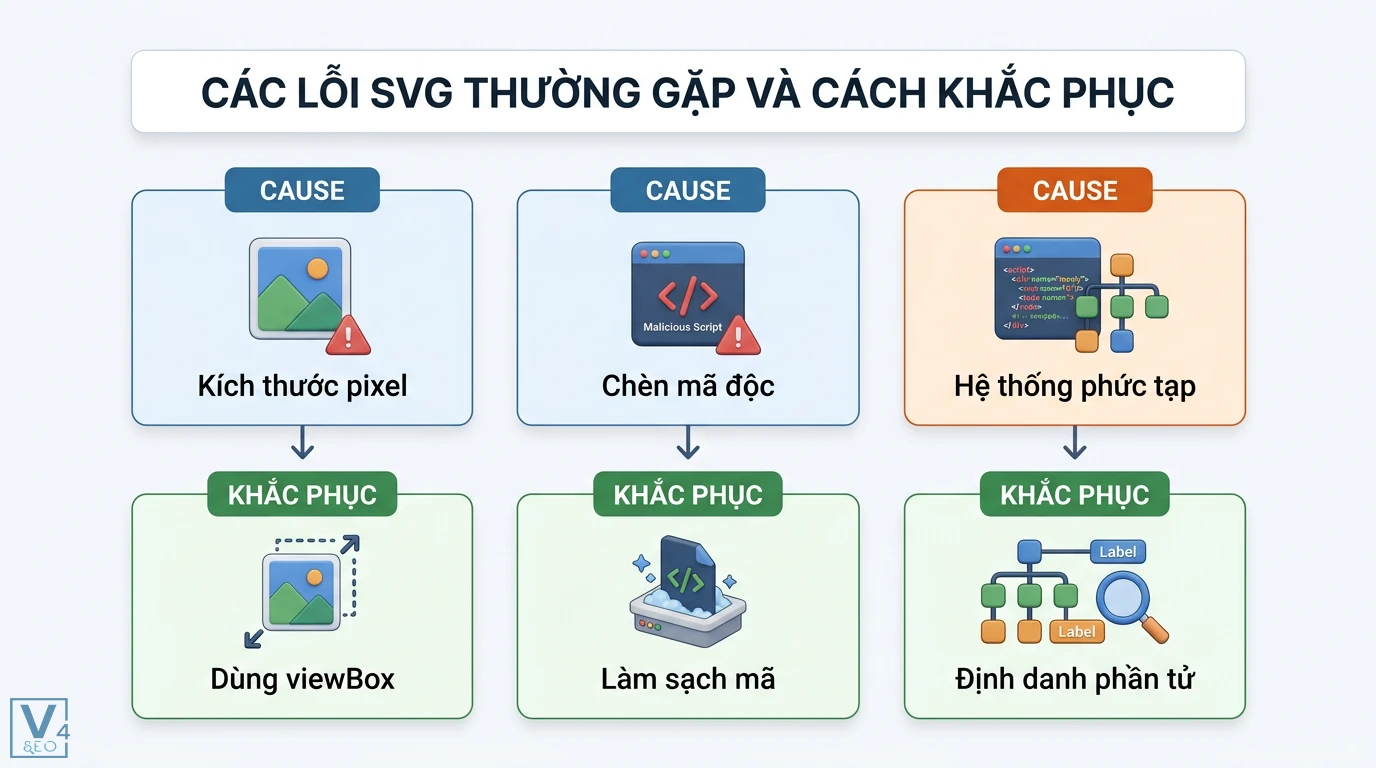 SVG là gì? Hướng dẫn sử dụng và tối ưu ảnh Vector chuẩn W3C 3 Khắc phục lỗi SVG về kích thước pixel bằng viewBox, ngăn chặn mã độc qua làm sạch mã và định danh phần tử cho hệ thống web phức tạp